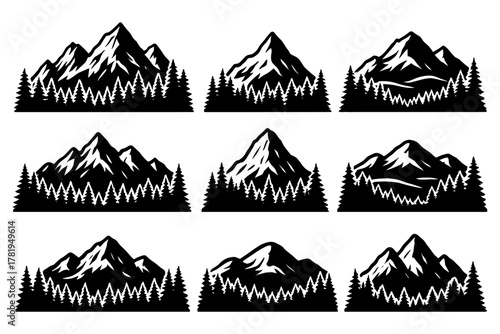 Set of nine black and white mountain and forest silhouettes with pine trees