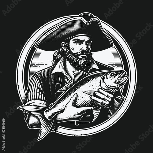 Vintage black and white illustration of a pirate holding a large fish.