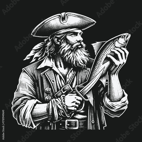 Monochrome vintage illustration of a bearded pirate holding a fish.