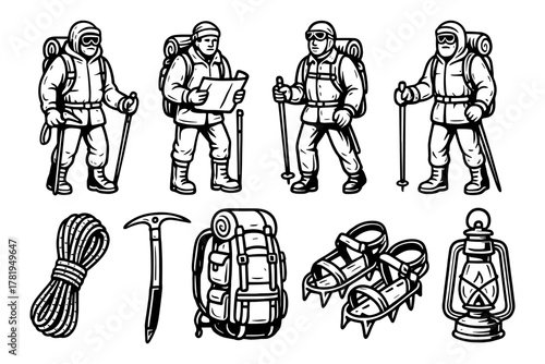 Vintage hiking and mountaineering gear with adventurous explorers