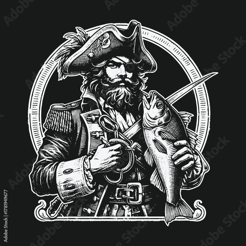 Vintage black and white illustration of a pirate captain holding a fish and sword.