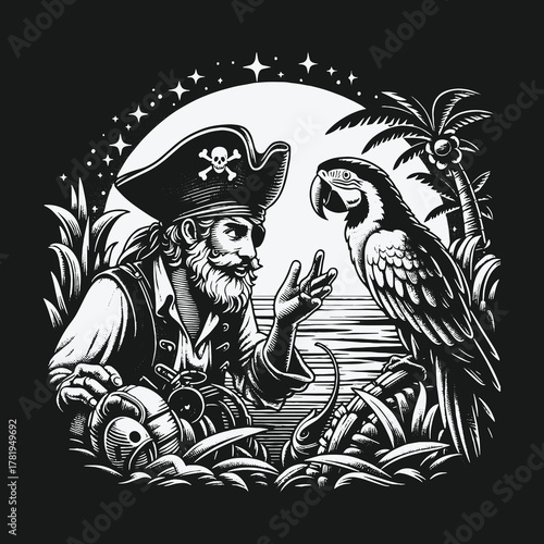 Monochrome illustration of a pirate talking to his parrot on a tropical island.