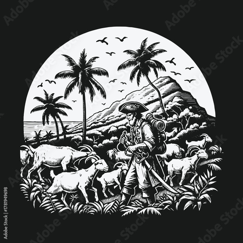 Vintage black and white illustration of a castaway with goats on a tropical island.