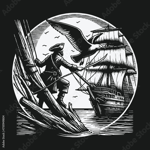 Brave Pirate on Shipwreck Debris Confronts a Large Seabird at Sea.