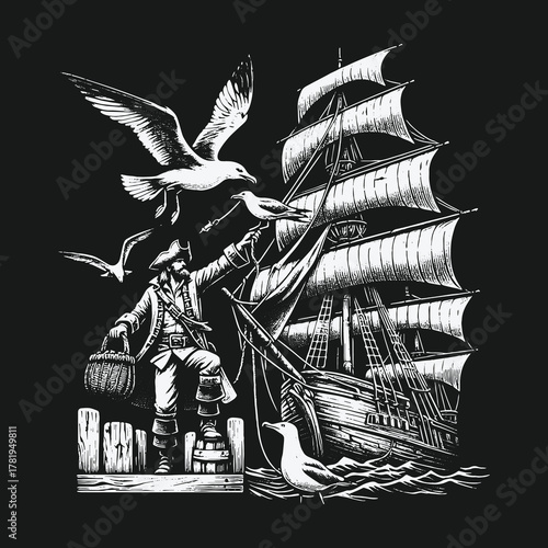 Vintage Pirate Captain on a Dock with a Grand Sailing Ship.
