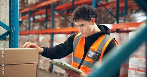 Canvas-taulu Logistics, tablet or man with box inspection in warehouse for label accuracy, online order or shipping