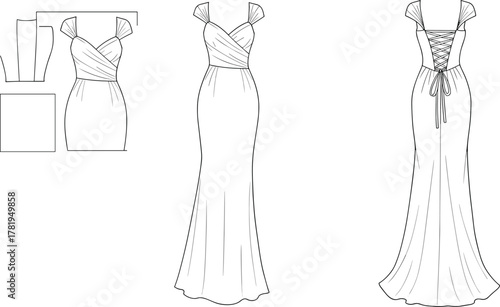 Elegant long evening gown fashion flat sketch with draped bodice and lace-up back detail, stylish formal dress design, cad drawing flat vector illustration