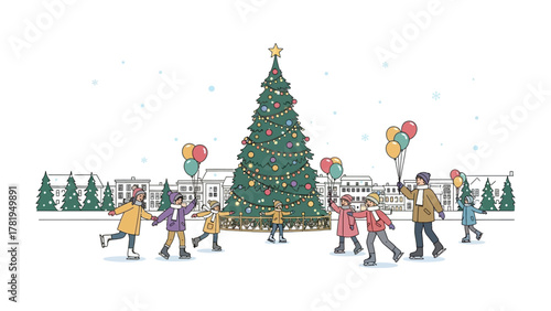 Joyful Gathering Around a Christmas Tree: Festive illustration of a group of children and adults cheerfully gathered around a beautifully decorated Christmas tree.