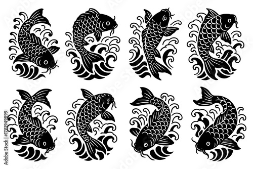 Intricate koi fish silhouettes with flowing water designs in tattoo style