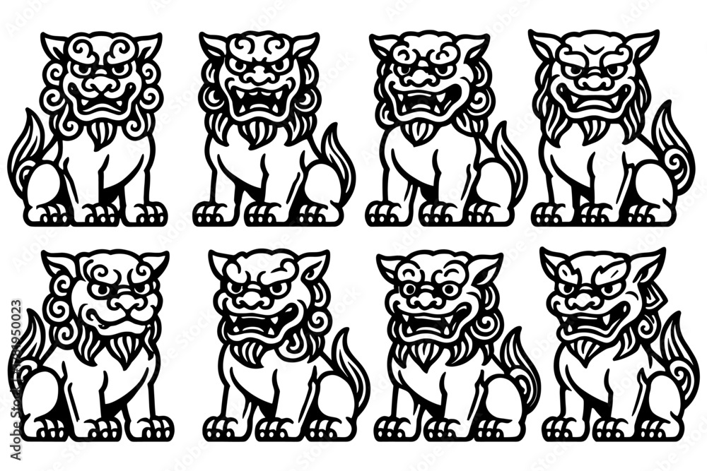 Fototapeta premium Traditional chinese guardian lions in black and white line art style