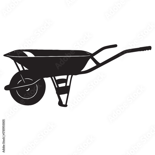 Black and white vector illustration of a wheelbarrow in minimalist silhouette style. Perfect for construction, gardening, farming, and building industry design projects. Clean, detailed, and isolated 