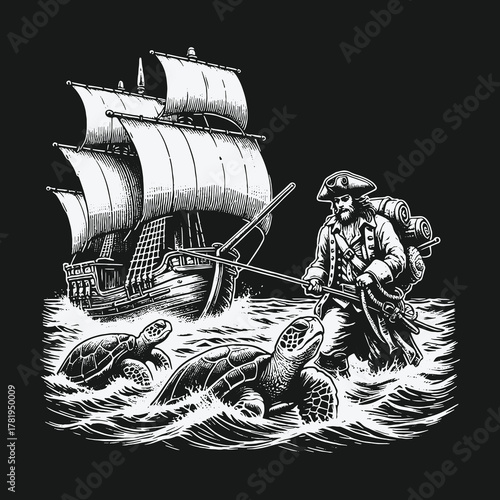 Vintage Pirate Harnessing Giant Sea Turtles in the Ocean.