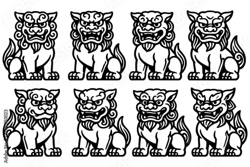 Traditional chinese guardian lions in black and white line art style