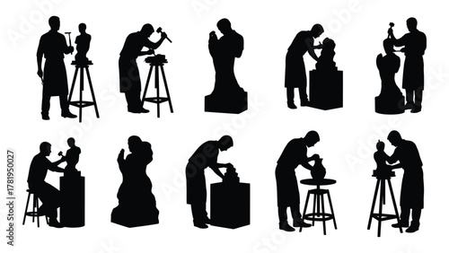 Sculptor silhouettes set isolated on white background, Vector