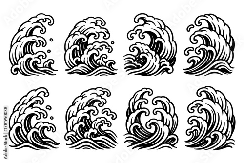 Collection of stylized ocean waves with black and white vintage art