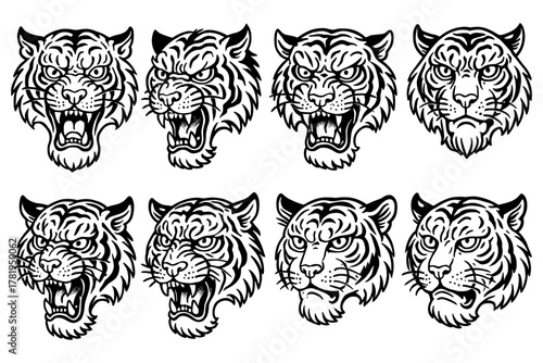 Fierce tiger heads collection in bold black and white tattoo style