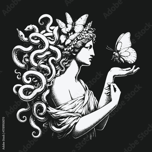 Mythological Medusa Gorgon with Butterflies and Snakes Illustration.
