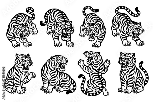 Fierce tiger in bold black and white tattoo style pose set