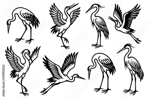 Elegant crane bird silhouettes set in dynamic poses for artistic design