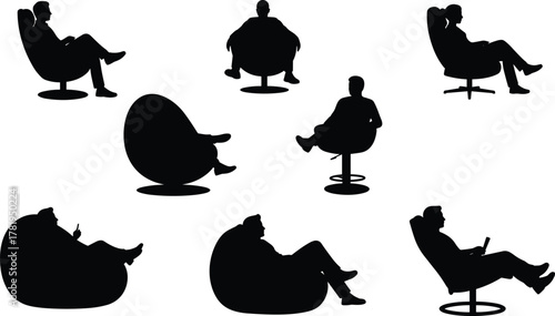 Silhouette people sitting on modern chairs and bean bags in different poses, relaxing furniture design collection, cad drawing flat vector illustration