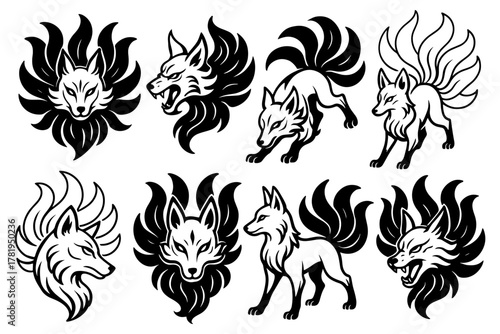 Fantasy wolf and fox totem tattoo designs in black ink