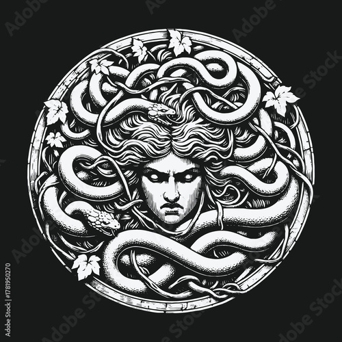 Fierce Medusa Gorgon head with snakes engraving style illustration.