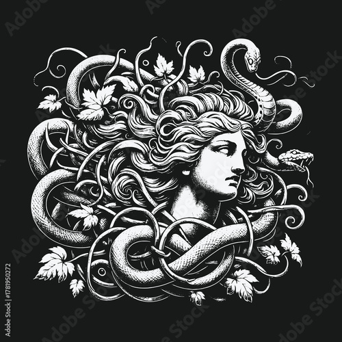 Mythological Medusa portrait with tangled snakes and leaves.