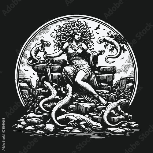 Gorgon Queen Medusa on her stone throne with reptilian subjects.