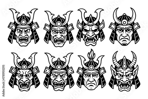 Set of eight intricate samurai mask designs emphasizing traditional japanese culture