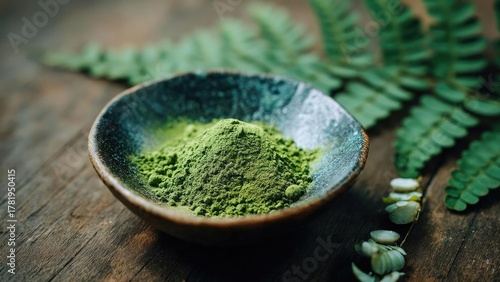 A ceramic bowl contains a mound of bright green matcha powder on a wooden surface, with ferns in the background. Concept Matcha Powder, Ceramic Bowl, Wooden Surface, Fern Background