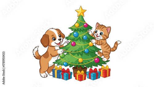 Holiday Companions: A cheerful kitten and a playful puppy jointly adorn a Christmas tree with festive ornaments, their combined efforts radiating holiday cheer and friendship.