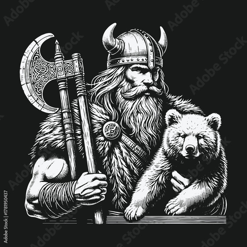 Monochrome illustration of a powerful Viking warrior holding a bear cub and a battle axe.