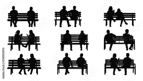 People sitting on park benches silhouettes isolated on white background, Vector