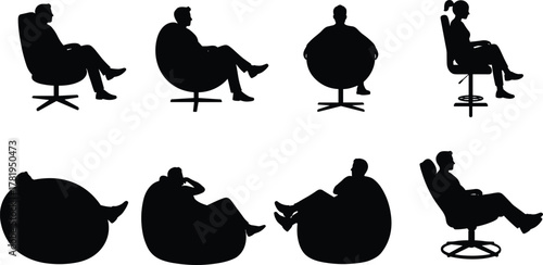 Silhouette people sitting in various chair and bean bag positions, modern furniture posture vector set, cad drawing flat vector illustration