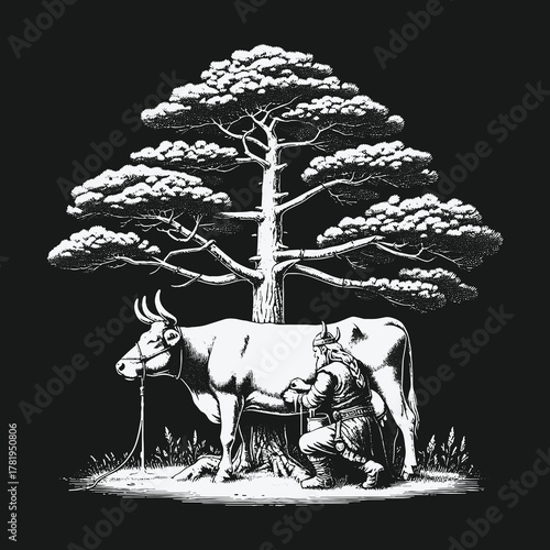 Mythological Dwarf Milking a Cow Under an Ancient Tree.