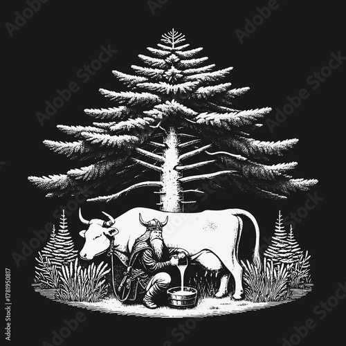 Mythical Viking with horned helmet milking a cow in a forest.