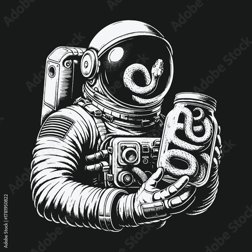 Surreal black and white illustration of an astronaut holding a snake in a jar.