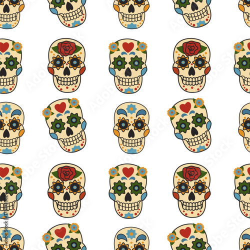 Seamless pattern with funny sugar skulls for Day of the Dead decorations. Vector background.