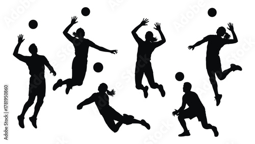 Dynamic volleyball player silhouettes isolated on white background, Vector