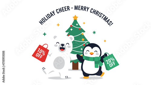 Holiday Cheer and Shopping: An endearing illustration captures a polar bear and penguin enthusiastically participating in festive holiday shopping.