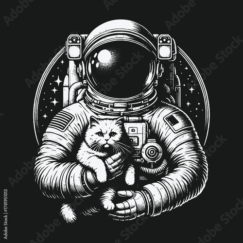 Astronaut Cuddling a Fluffy Cat in Outer Space Illustration.