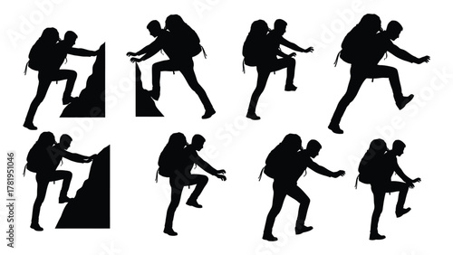 Collection of climbing and hiking silhouettes isolated on white background, Vector