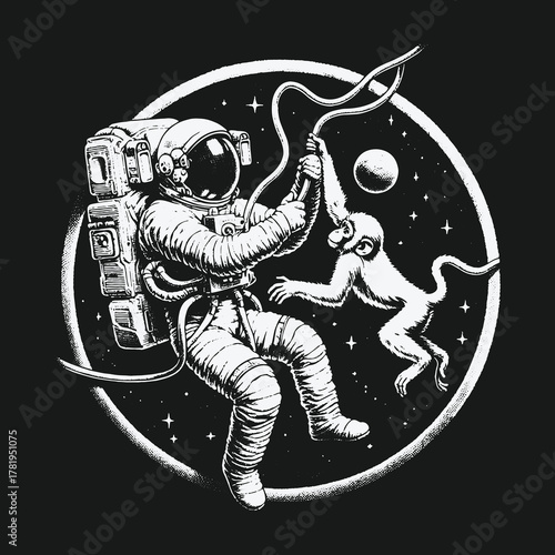 Monochrome illustration of an astronaut and a monkey floating in space.