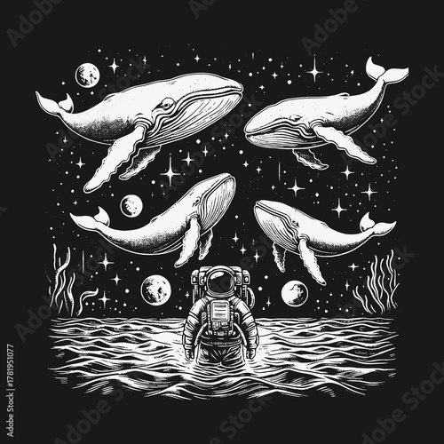 Surreal black and white illustration of an astronaut watching whales in space.