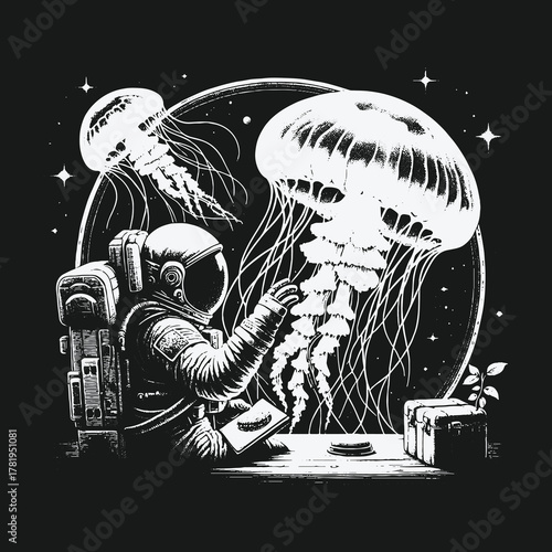 Surreal Encounter Between an Astronaut and Cosmic Jellyfish.