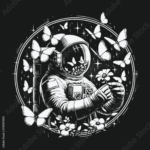 Surreal Astronaut Holding a Flower Surrounded by Butterflies.