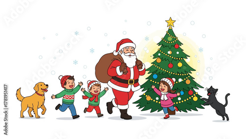 Christmas Adventure: Children and pets embark on a joyful journey with a festive man, carrying gifts and anticipation of the holiday season, near a decorated evergreen tree.