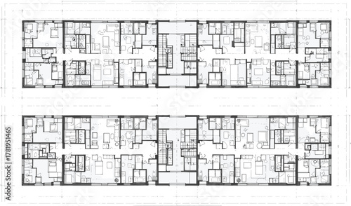 Modern apartment floor plan layout, detailed residential architecture design, multi-unit housing blueprint, construction engineering concept, cad drawing flat vector illustration