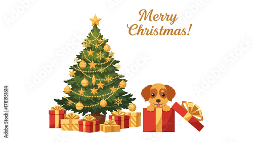 Joyful Christmas Wishes: Festive image of a Christmas tree with decorations and gifts, alongside an adorable puppy popping out of a gift box, celebrating the holiday season.