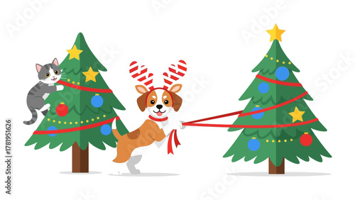 Festive Feline and Playful Pup: A charming cartoon depicts a playful puppy, donning festive antlers, joyfully pulling a decorated Christmas tree alongside a curious kitten climbing another tree.